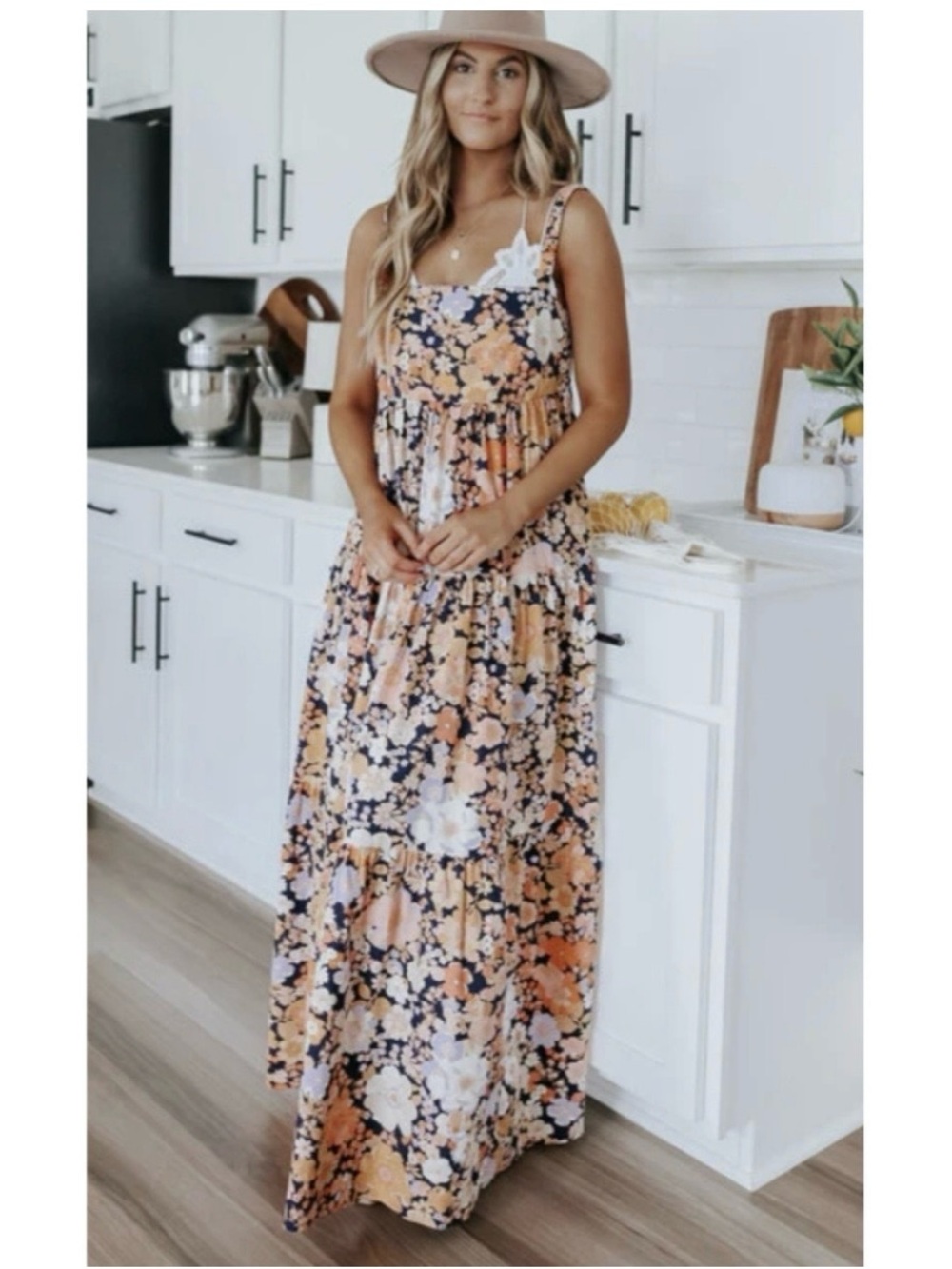 Free People Navy and Peach Floral Tiered Maxi Dress